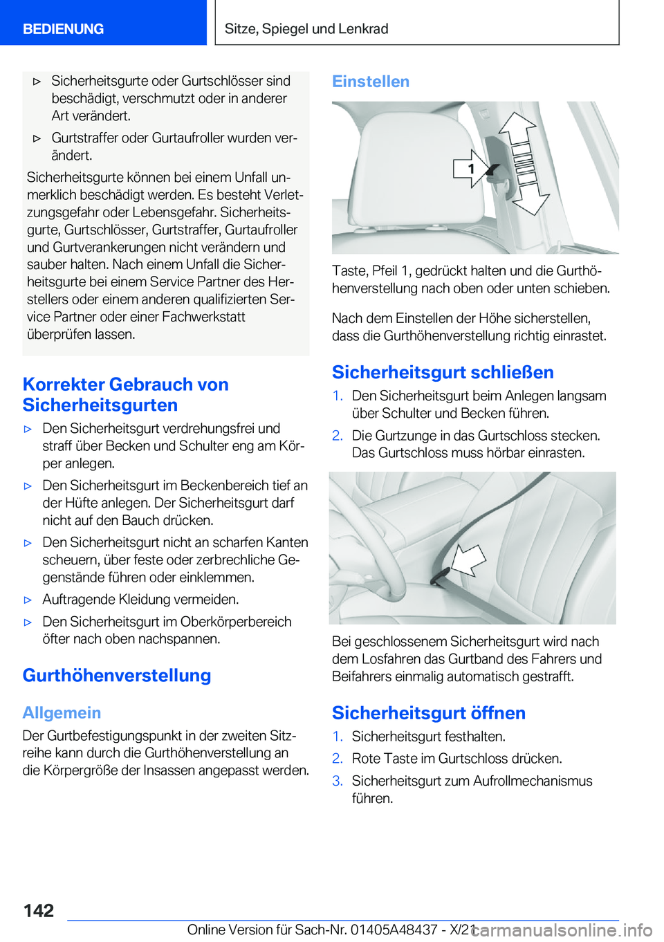 BMW X7 2022  Betriebsanleitungen (in German) x�S�i�c�h�e�r�h�e�i�t�s�g�u�r�t�e��o�d�e�r��G�u�r�t�s�c�h�l�