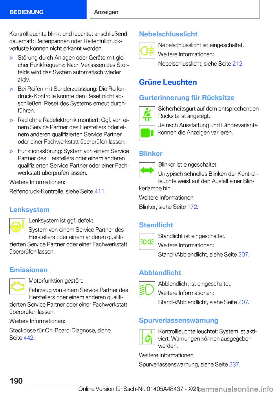 BMW X7 2022  Betriebsanleitungen (in German) �K�o�n�t�r�o�l�l�l�e�u�c�h�t�e��b�l�i�n�k�t��u�n�d��l�e�u�c�h�t�e�t��a�n�s�c�h�l�i�e�