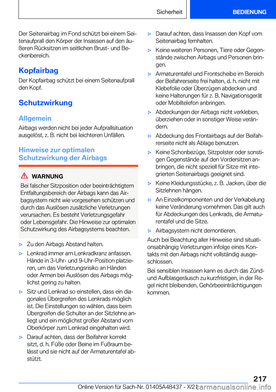 BMW X7 2022  Betriebsanleitungen (in German) �D�e�r��S�e�i�t�e�n�a�i�r�b�a�g��i�m��F�o�n�d��s�c�h�
