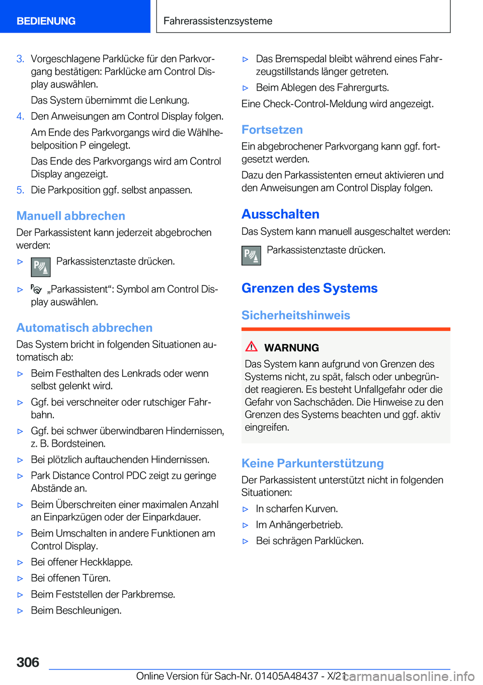 BMW X7 2022  Betriebsanleitungen (in German) �3�.�V�o�r�g�e�s�c�h�l�a�g�e�n�e��P�a�r�k�l�