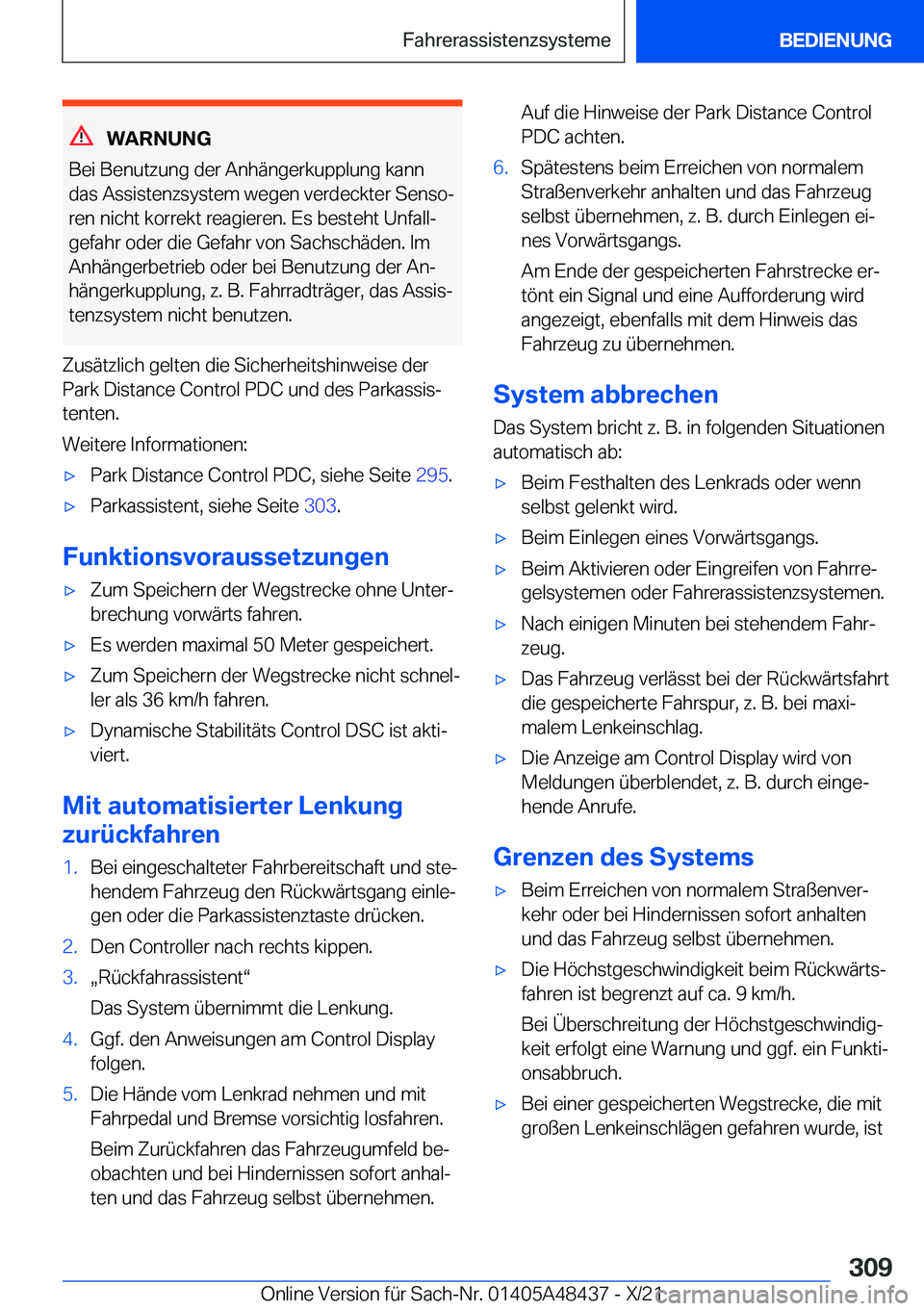 BMW X7 2022  Betriebsanleitungen (in German) �W�A�R�N�U�N�G
�B�e�i��B�e�n�u�t�z�u�n�g��d�e�r��A�n�h�