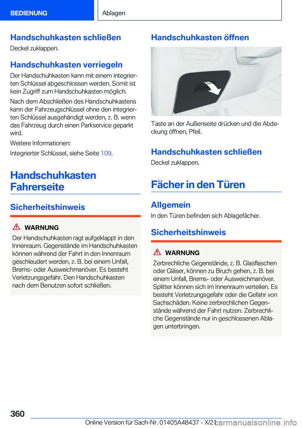 BMW X7 2022  Betriebsanleitungen (in German) �H�a�n�d�s�c�h�u�h�k�a�s�t�e�n��s�c�h�l�i�e�