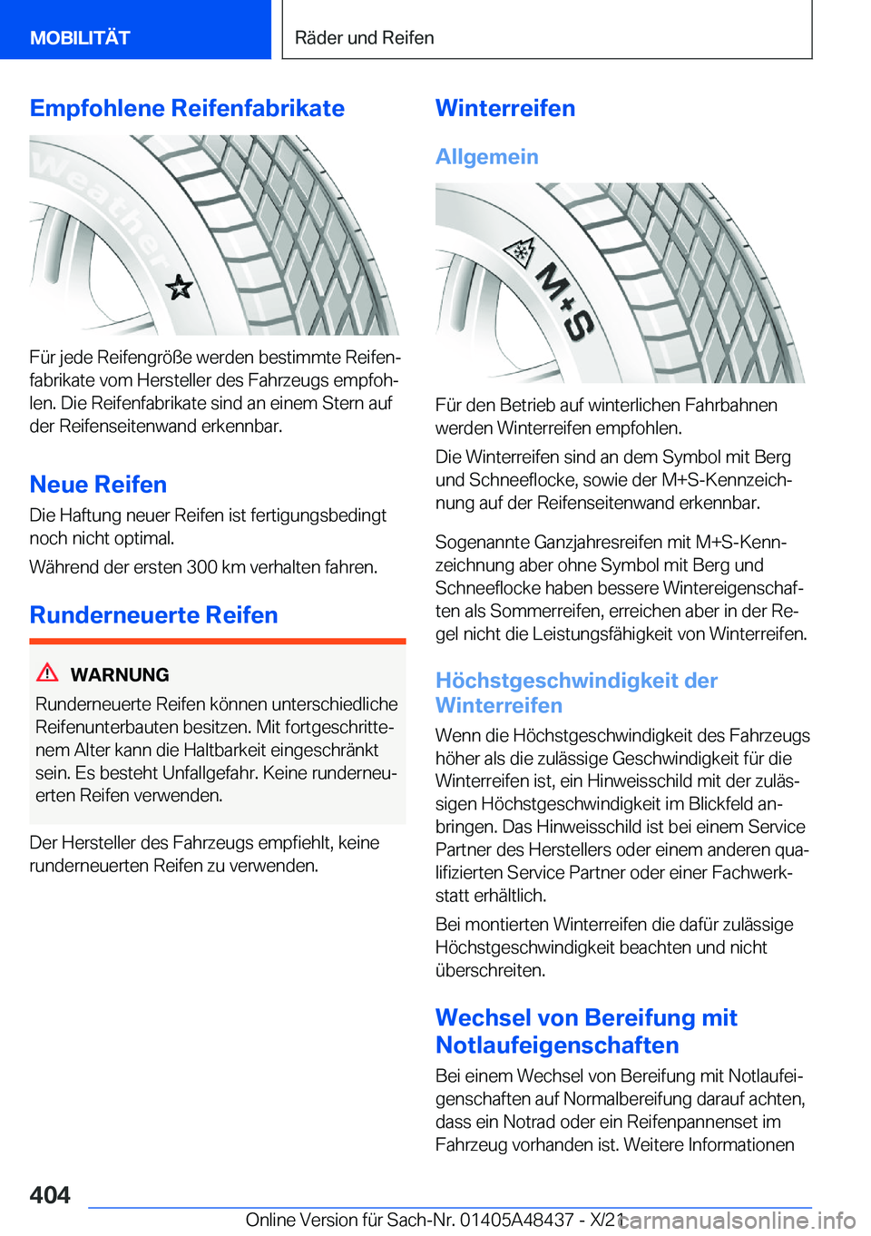 BMW X7 2022  Betriebsanleitungen (in German) �E�m�p�f�o�h�l�e�n�e��R�e�i�f�e�n�f�a�b�r�i�k�a�t�e
�F�