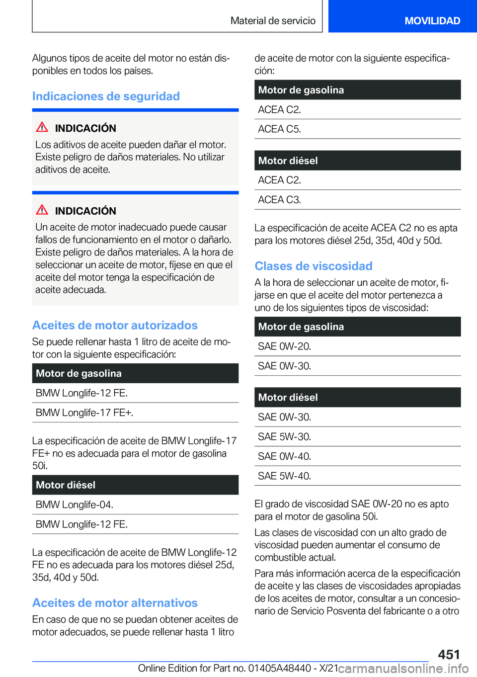 BMW X7 2022  Manuales de Empleo (in Spanish) �A�l�g�u�n�o�s��t�i�p�o�s��d�e��a�c�e�i�t�e��d�e�l��m�o�t�o�r��n�o��e�s�t�