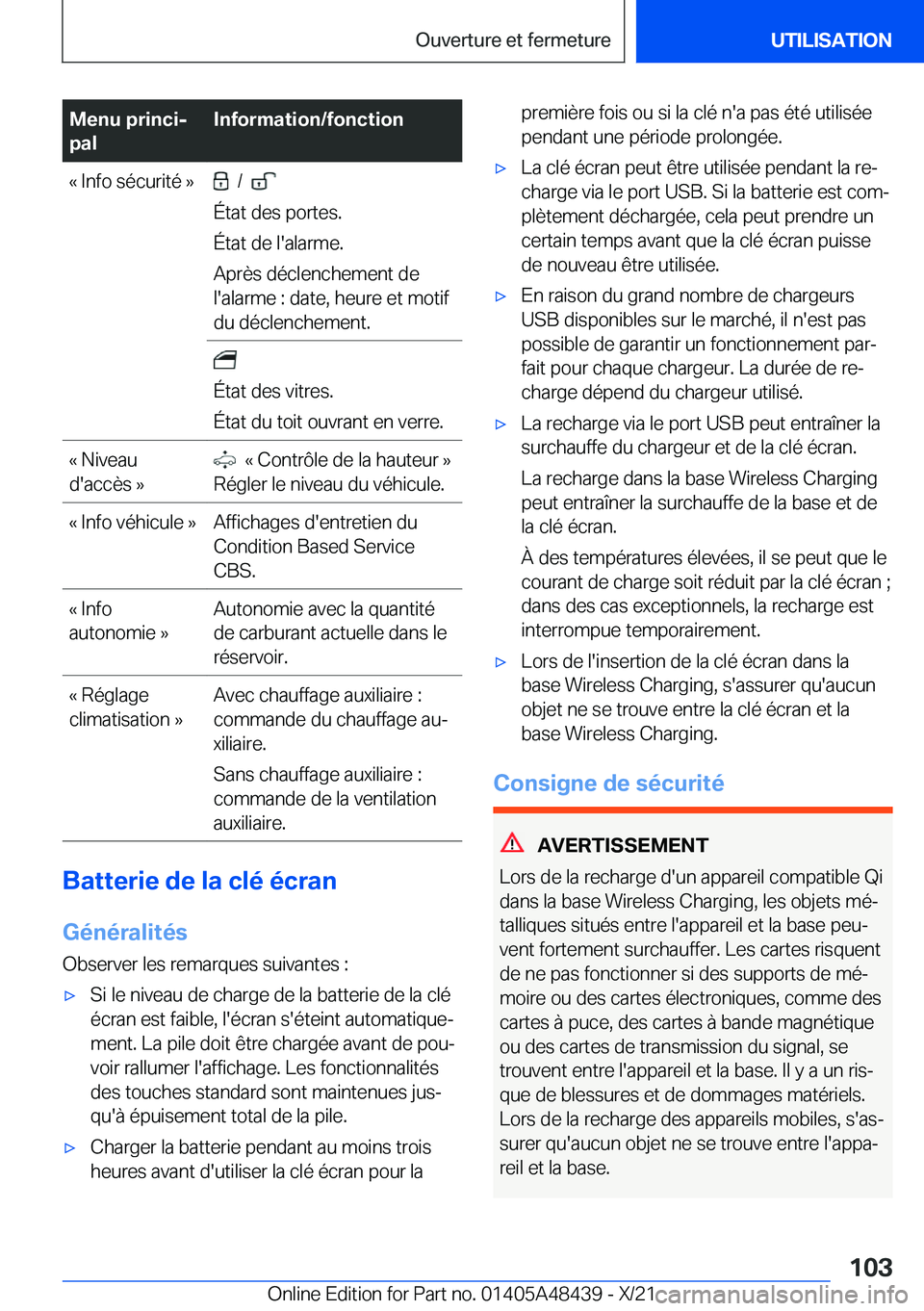 BMW X7 2022  Notices Demploi (in French) �M�e�n�u��p�r�i�n�c�ij
�p�a�l�I�n�f�o�r�m�a�t�i�o�n�/�f�o�n�c�t�i�o�n�k��I�n�f�o��s�é�c�u�r�i�t�é��{���/���
�É�t�a�t��d�e�s��p�o�r�t�e�s�.
�É�t�a�t��d�e��l�'�a�l�a�r�m�e�.
�A�p�r