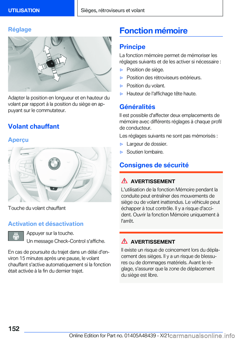 BMW X7 2022  Notices Demploi (in French) �R�é�g�l�a�g�e
�A�d�a�p�t�e�r��l�a��p�o�s�i�t�i�o�n��e�n��l�o�n�g�u�e�u�r��e�t��e�n��h�a�u�t�e�u�r��d�u
�v�o�l�a�n�t��p�a�r��r�a�p�p�o�r�t��