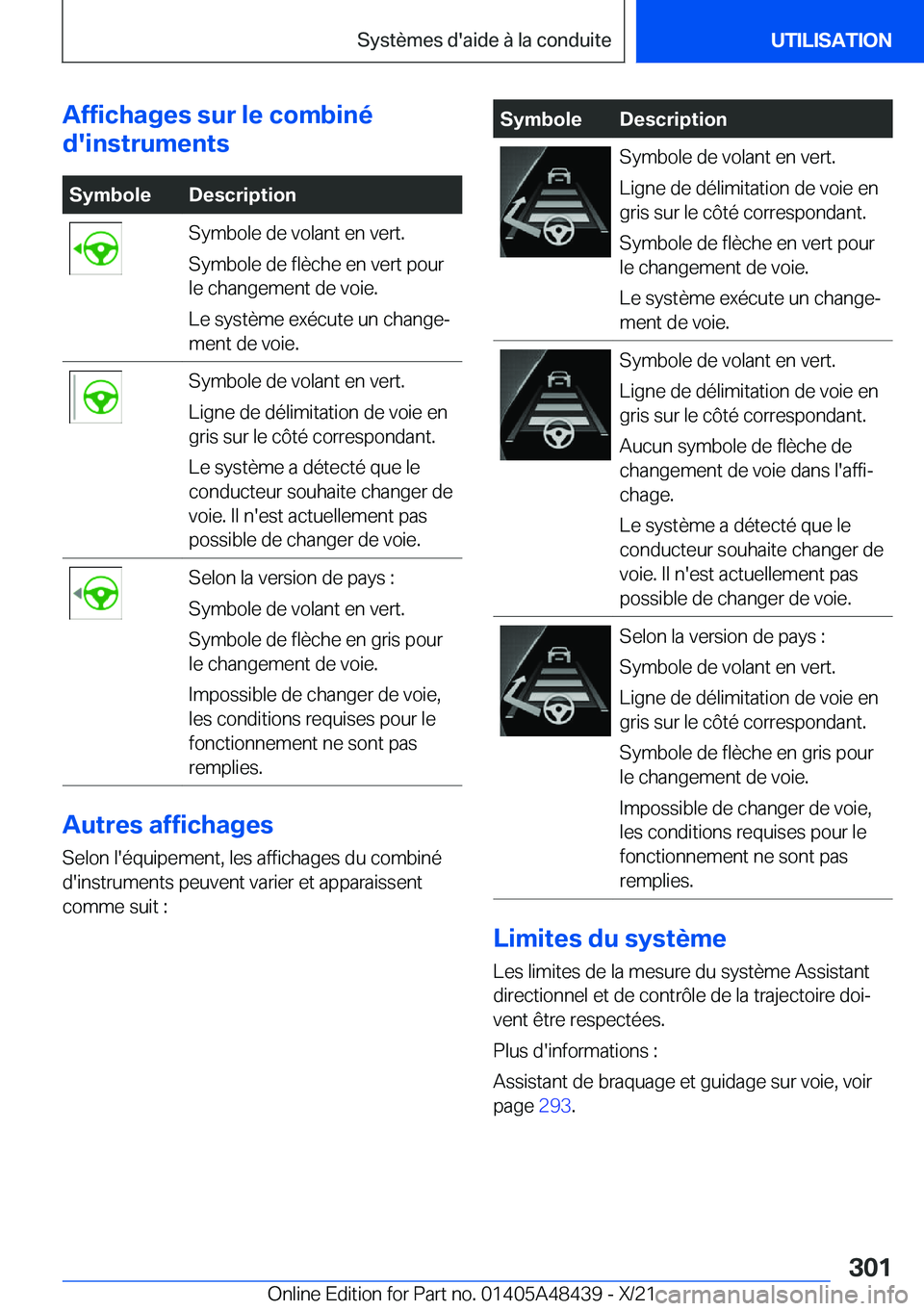 BMW X7 2022  Notices Demploi (in French) �A�f�f�i�c�h�a�g�e�s��s�u�r��l�e��c�o�m�b�i�n�é
�d�'�i�n�s�t�r�u�m�e�n�t�s�S�y�m�b�o�l�e�D�e�s�c�r�i�p�t�i�o�n�S�y�m�b�o�l�e��d�e��v�o�l�a�n�t��e�n��v�e�r�t�.
�S�y�m�b�o�l�e��d�e��f�l�è
