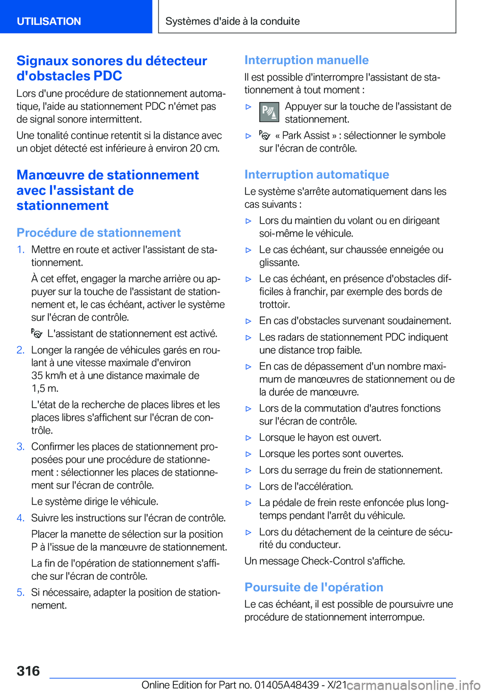 BMW X7 2022  Notices Demploi (in French) �S�i�g�n�a�u�x��s�o�n�o�r�e�s��d�u��d�é�t�e�c�t�e�u�r
�d�'�o�b�s�t�a�c�l�e�s��P�D�C
�L�o�r�s��d�'�u�n�e��p�r�o�c�é�d�u�r�e��d�e��s�t�a�t�i�o�n�n�e�m�e�n�t��a�u�t�o�m�aj
�t�i�q�u�e�