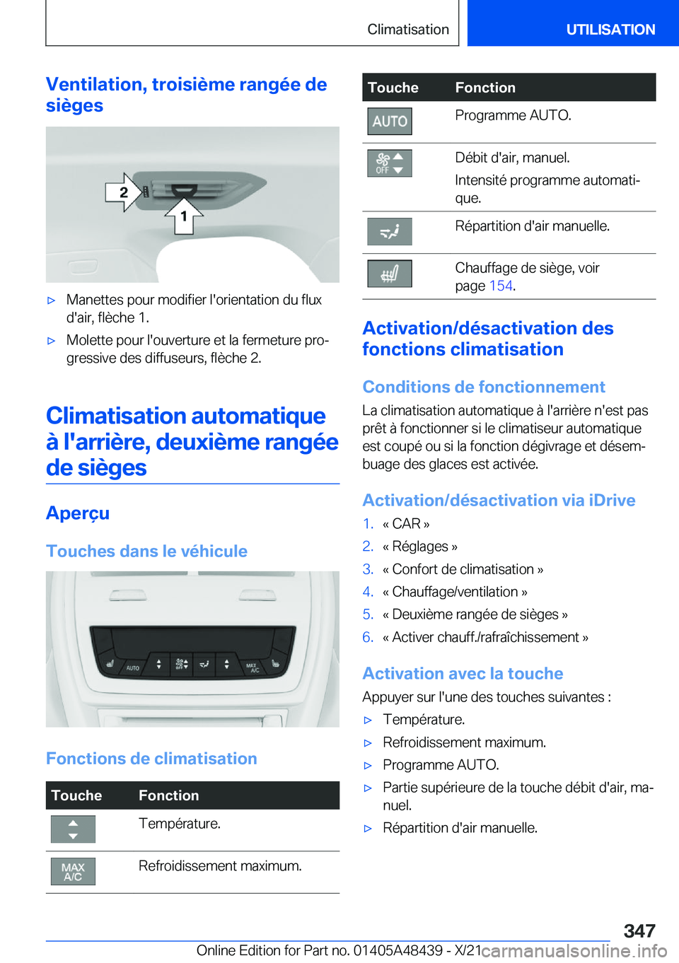 BMW X7 2022  Notices Demploi (in French) �V�e�n�t�i�l�a�t�i�o�n�,��t�r�o�i�s�i�è�m�e��r�a�n�g�é�e��d�e
�s�i�è�g�e�s'x�M�a�n�e�t�t�e�s��p�o�u�r��m�o�d�i�f�i�e�r��l�'�o�r�i�e�n�t�a�t�i�o�n��d�u��f�l�u�x
�d�'�a�i�r�,��f�