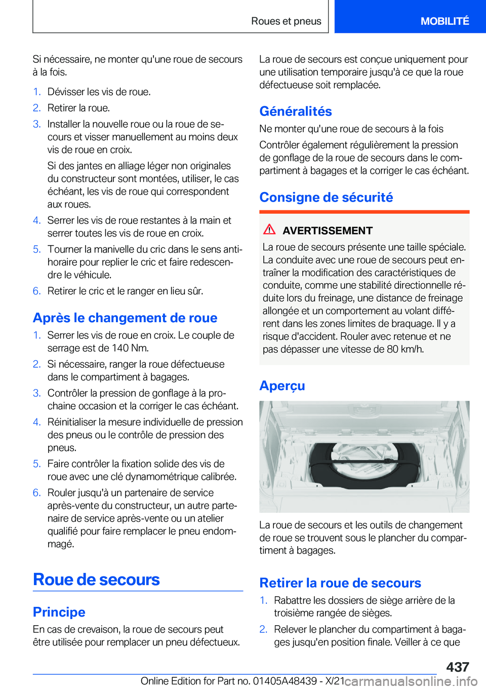 BMW X7 2022  Notices Demploi (in French) �S�i��n�é�c�e�s�s�a�i�r�e�,��n�e��m�o�n�t�e�r��q�u�'�u�n�e��r�o�u�e��d�e��s�e�c�o�u�r�s�