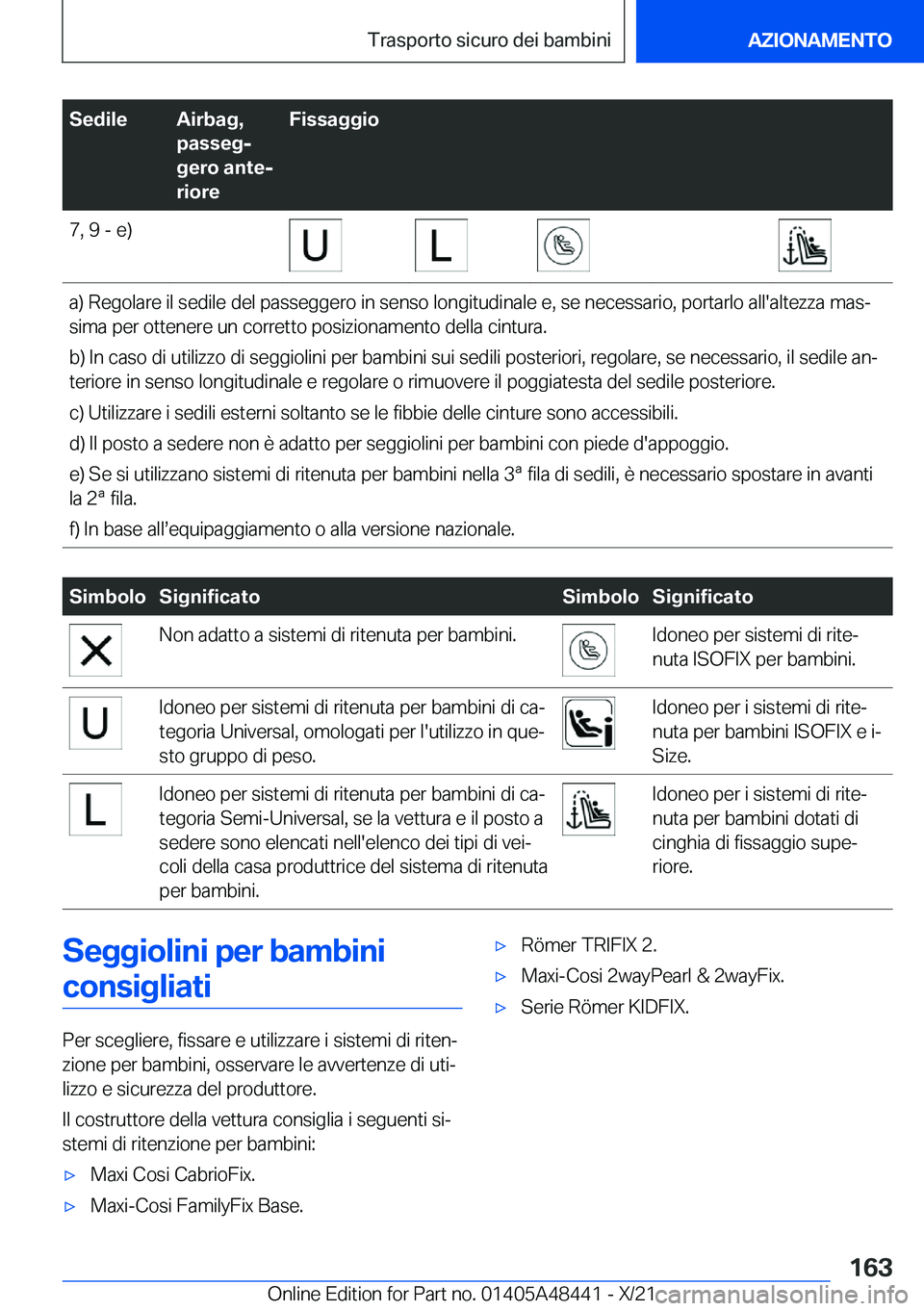 BMW X7 2022  Libretti Di Uso E manutenzione (in Italian) �S�e�d�i�l�e�A�i�r�b�a�g�,
�p�a�s�s�e�gj
�g�e�r�o��a�n�t�ej
�r�i�o�r�e�F�i�s�s�a�g�g�i�o�7�,��9��-��e�)�a�)��R�e�g�o�l�a�r�e��i�l��s�e�d�i�l�e��d�e�l��p�a�s�s�e�g�g�e�r�o��i�n��s�e�n�s�o�