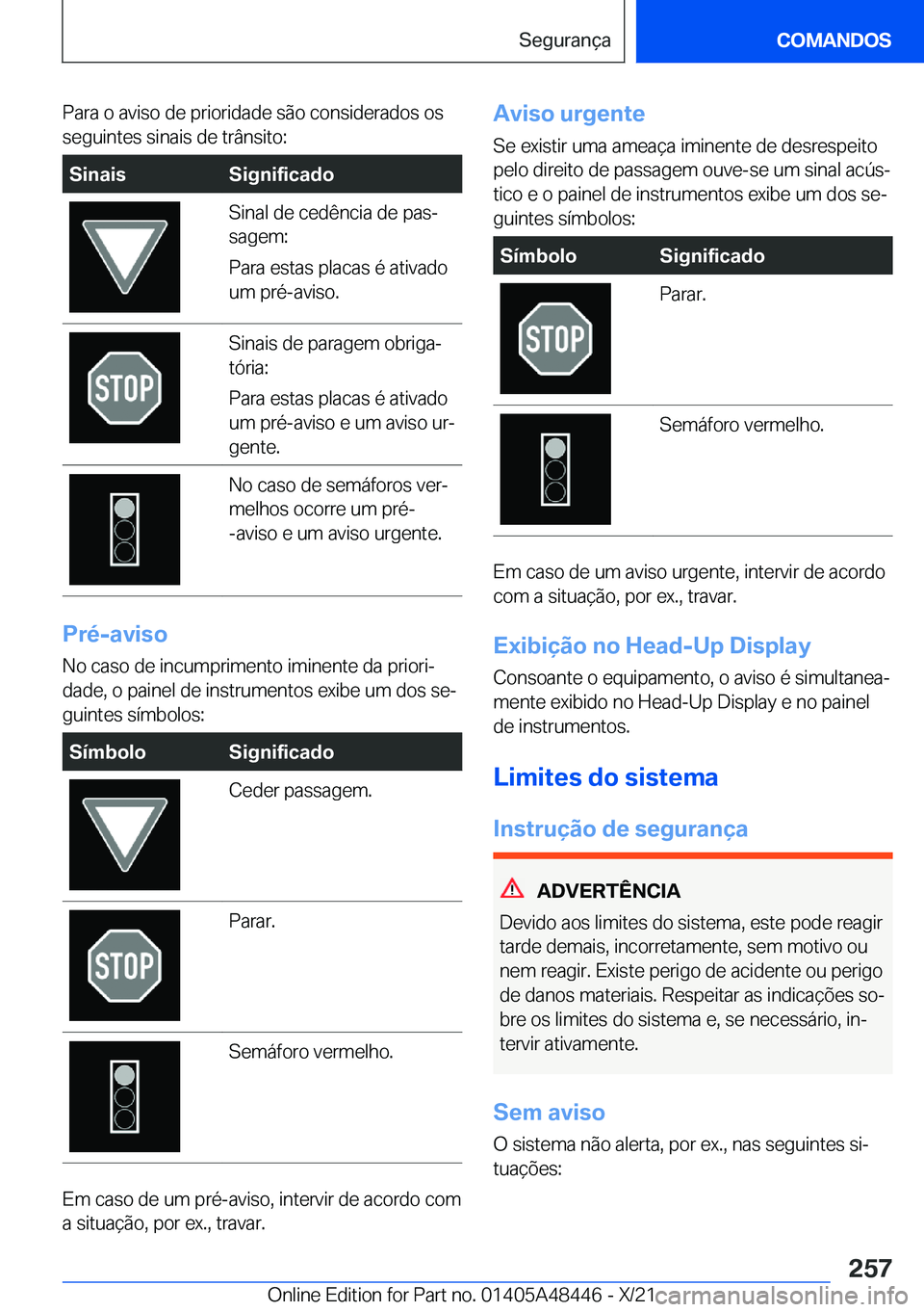 BMW X7 2022  Manual do condutor (in Portuguese) �P�a�r�a��o��a�v�i�s�o��d�e��p�r�i�o�r�i�d�a�d�e��s�ã�o��c�o�n�s�i�d�e�r�a�d�o�s��o�s�s�e�g�u�i�n�t�e�s��s�i�n�a�i�s��d�e��t�r�â�n�s�i�t�o�:�S�i�n�a�i�s�S�i�g�n�i�f�i�c�a�d�o�S�i�n�a�l��d