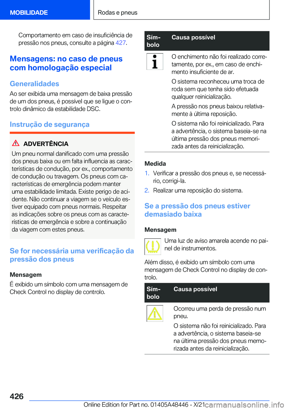 BMW X7 2022  Manual do condutor (in Portuguese) �C�o�m�p�o�r�t�a�m�e�n�t�o��e�m��c�a�s�o��d�e��i�n�s�u�f�i�c�i�ê�n�c�i�a��d�e�p�r�e�s�s�ã�o��n�o�s��p�n�e�u�s�,��c�o�n�s�u�l�t�e��a��p�á�g�i�n�a� �4�2�7�.
�M�e�n�s�a�g�e�n�s�:��n�o��c�