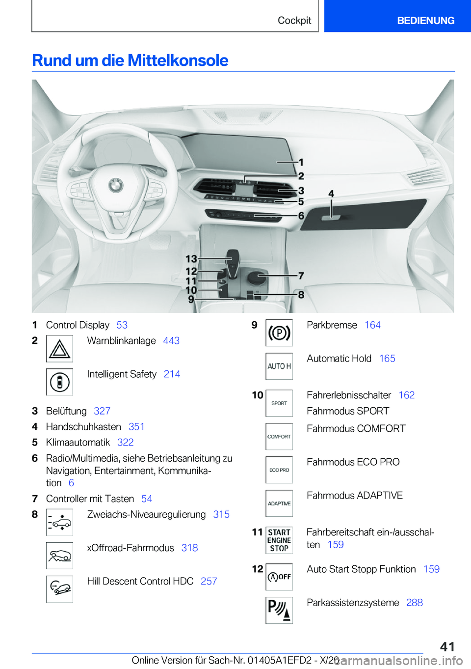 BMW X7 2021  Betriebsanleitungen (in German) �R�u�n�d��u�m��d�i�e��M�i�t�t�e�l�k�o�n�s�o�l�e�1�C�o�n�t�r�o�l��D�i�s�p�l�a�y\_�5�3�2�W�a�r�n�b�l�i�n�k�a�n�l�a�g�e\_ �4�4�3�I�n�t�e�l�l�i�g�e�n�t��S�a�f�e�t�y\_ �2�1�4�3�B�e�l�