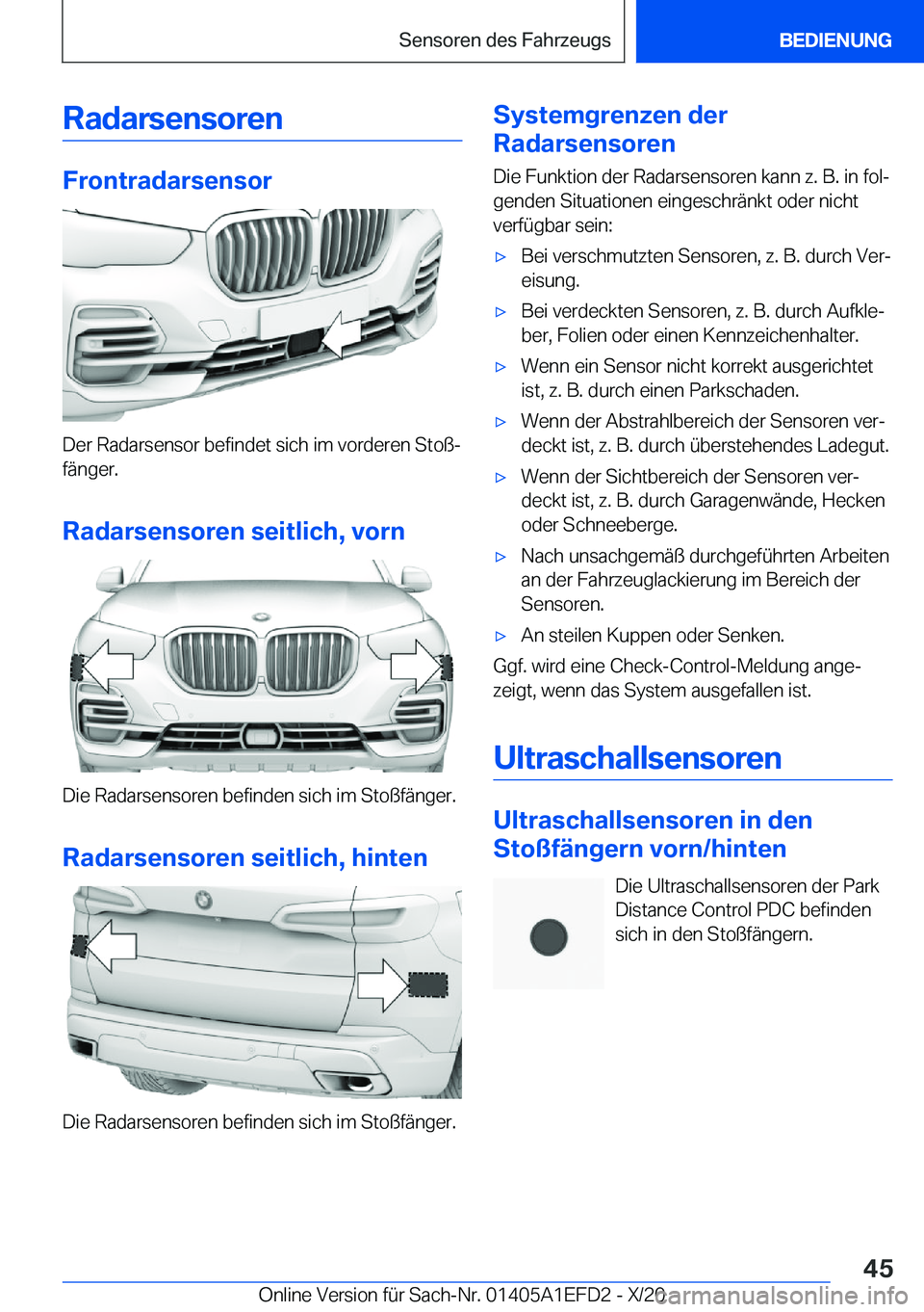 BMW X7 2021  Betriebsanleitungen (in German) �R�a�d�a�r�s�e�n�s�o�r�e�n
�F�r�o�n�t�r�a�d�a�r�s�e�n�s�o�r
�D�e�r��R�a�d�a�r�s�e�n�s�o�r��b�e�f�i�n�d�e�t��s�i�c�h��i�m��v�o�r�d�e�r�e�n��S�t�o�