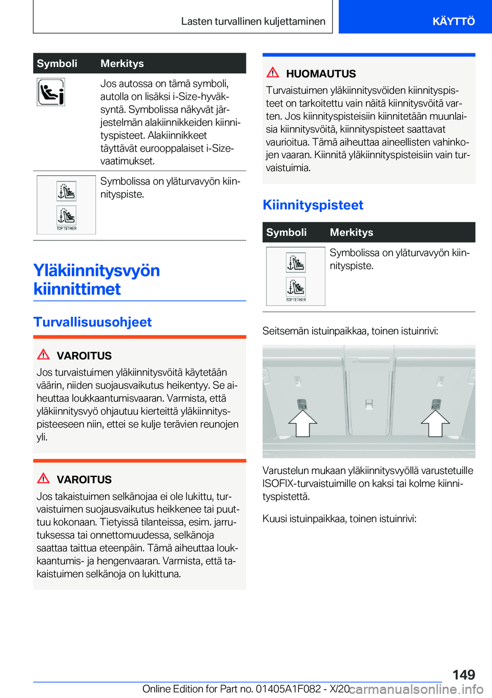 BMW X7 2021  Omistajan Käsikirja (in Finnish) �S�y�m�b�o�l�i�M�e�r�k�i�t�y�s�J�o�s��a�u�t�o�s�s�a��o�n��t�