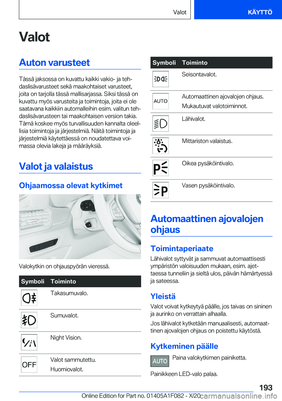 BMW X7 2021  Omistajan Käsikirja (in Finnish) �V�a�l�o�t�A�u�t�o�n��v�a�r�u�s�t�e�e�t
�T�