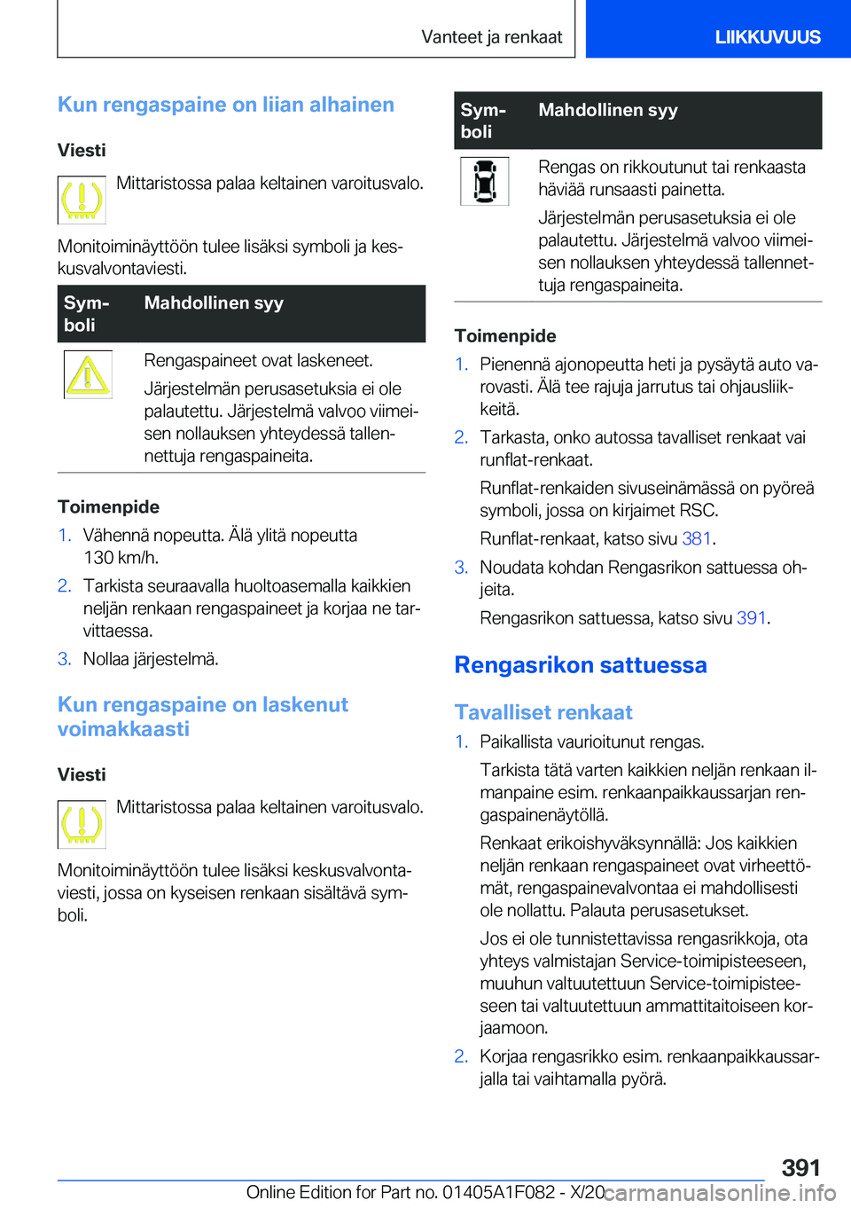 BMW X7 2021  Omistajan Käsikirja (in Finnish) �K�u�n��r�e�n�g�a�s�p�a�i�n�e��o�n��l�i�i�a�n��a�l�h�a�i�n�e�n
�V�i�e�s�t�i �M�i�t�t�a�r�i�s�t�o�s�s�a��p�a�l�a�a��k�e�l�t�a�i�n�e�n��v�a�r�o�i�t�u�s�v�a�l�o�.
�M�o�n�i�t�o�i�m�i�n�