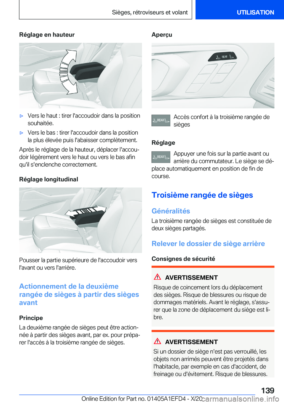 BMW X7 2021  Notices Demploi (in French) �R�é�g�l�a�g�e��e�n��h�a�u�t�e�u�r'x�V�e�r�s��l�e��h�a�u�t��:��t�i�r�e�r��l�'�a�c�c�o�u�d�o�i�r��d�a�n�s��l�a��p�o�s�i�t�i�o�n�s�o�u�h�a�i�t�é�e�.'x�V�e�r�s��l�e��b�a�s��:�