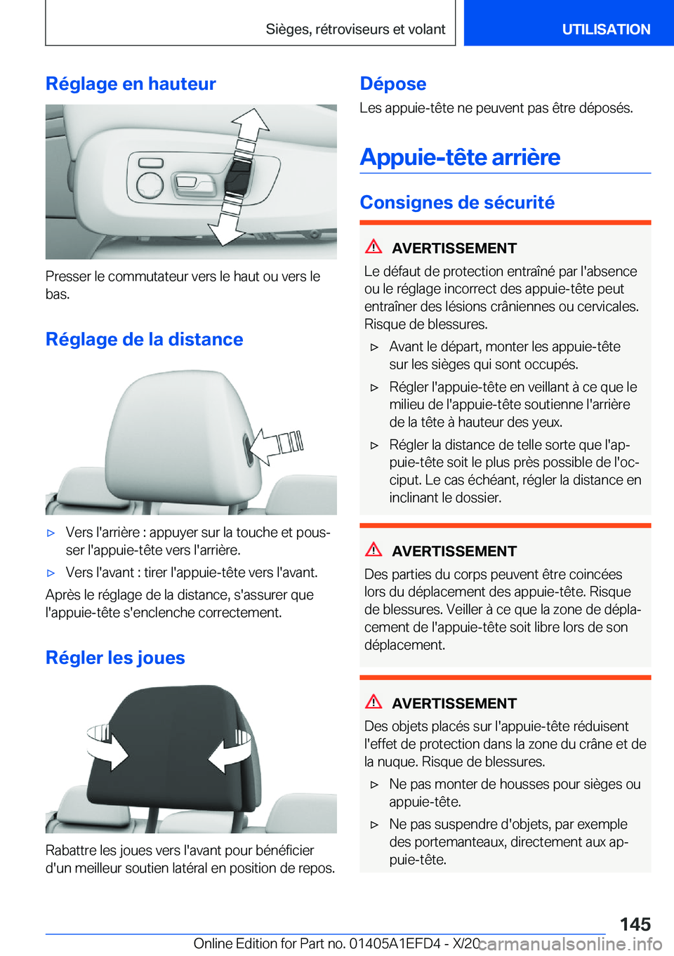 BMW X7 2021  Notices Demploi (in French) �R�é�g�l�a�g�e��e�n��h�a�u�t�e�u�r
�P�r�e�s�s�e�r��l�e��c�o�m�m�u�t�a�t�e�u�r��v�e�r�s��l�e��h�a�u�t��o�u��v�e�r�s��l�e
�b�a�s�.
�R�é�g�l�a�g�e��d�e��l�a��d�i�s�t�a�n�c�e
'x�V�e�r�s