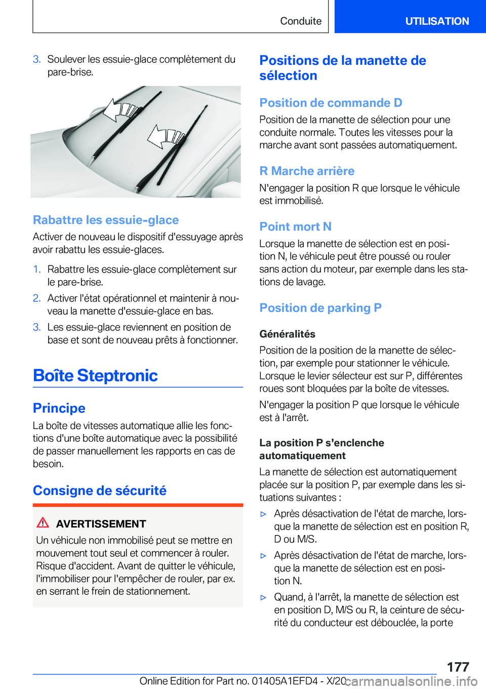 BMW X7 2021  Notices Demploi (in French) �3�.�S�o�u�l�e�v�e�r��l�e�s��e�s�s�u�i�e�-�g�l�a�c�e��c�o�m�p�l�è�t�e�m�e�n�t��d�u
�p�a�r�e�-�b�r�i�s�e�.
�R�a�b�a�t�t�r�e��l�e�s��e�s�s�u�i�e�-�g�l�a�c�e
�A�c�t�i�v�e�r��d�e��n�o�u�v�e�a�u�