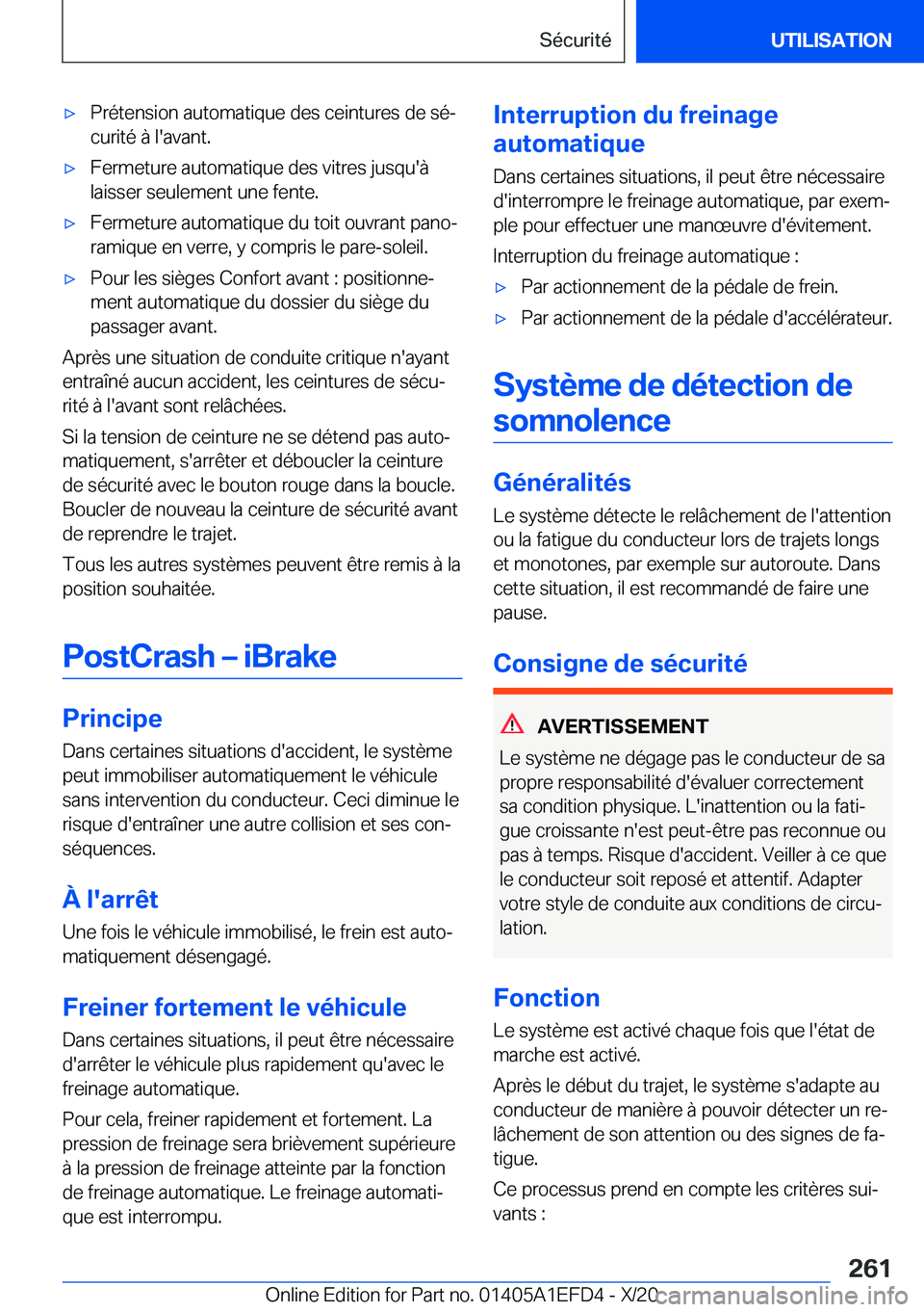 BMW X7 2021  Notices Demploi (in French) 'x�P�r�é�t�e�n�s�i�o�n��a�u�t�o�m�a�t�i�q�u�e��d�e�s��c�e�i�n�t�u�r�e�s��d�e��s�éj
�c�u�r�i�t�é��