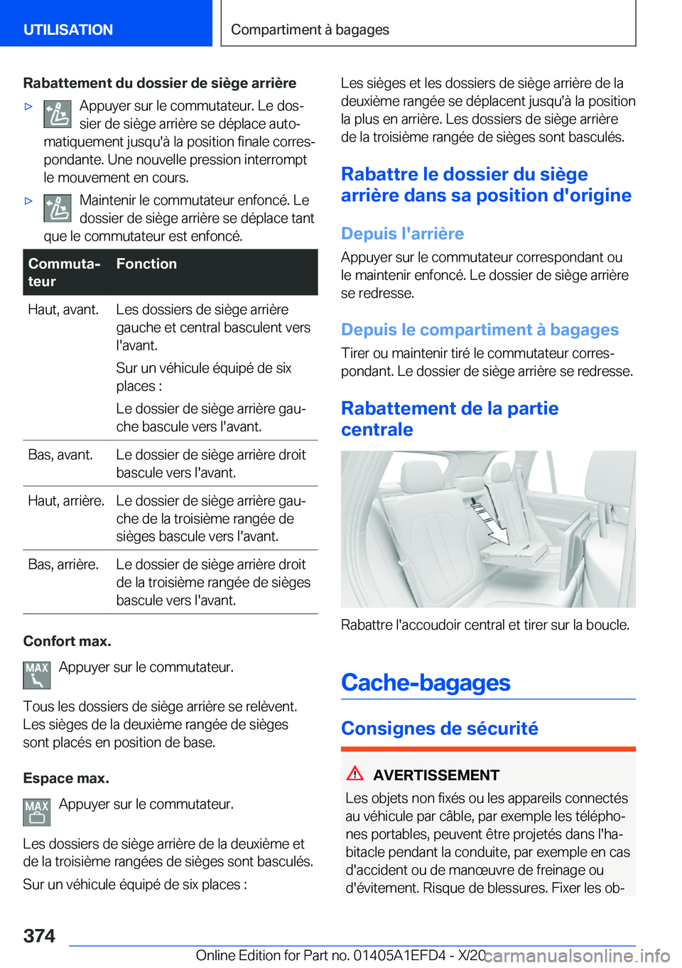 BMW X7 2021  Notices Demploi (in French) �R�a�b�a�t�t�e�m�e�n�t��d�u��d�o�s�s�i�e�r��d�e��s�i�è�g�e��a�r�r�i�è�r�e'x�A�p�p�u�y�e�r��s�u�r��l�e��c�o�m�m�u�t�a�t�e�u�r�.��L�e��d�o�sj
�s�i�e�r��d�e��s�i�è�g�e��a�r�r�i�è�r�