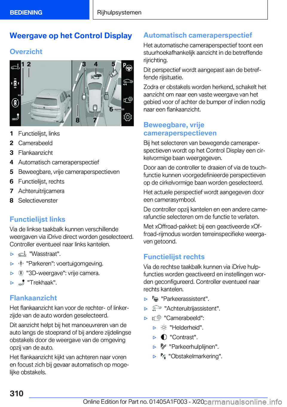 BMW X7 2021  Instructieboekjes (in Dutch) �W�e�e�r�g�a�v�e��o�p��h�e�t��C�o�n�t�r�o�l��D�i�s�p�l�a�y�O�v�e�r�z�i�c�h�t�1�F�u�n�c�t�i�e�l�i�j�s�t�,��l�i�n�k�s�2�C�a�m�e�r�a�b�e�e�l�d�3�F�l�a�n�k�a�a�n�z�i�c�h�t�4�A�u�t�o�m�a�t�i�s�c�h��c