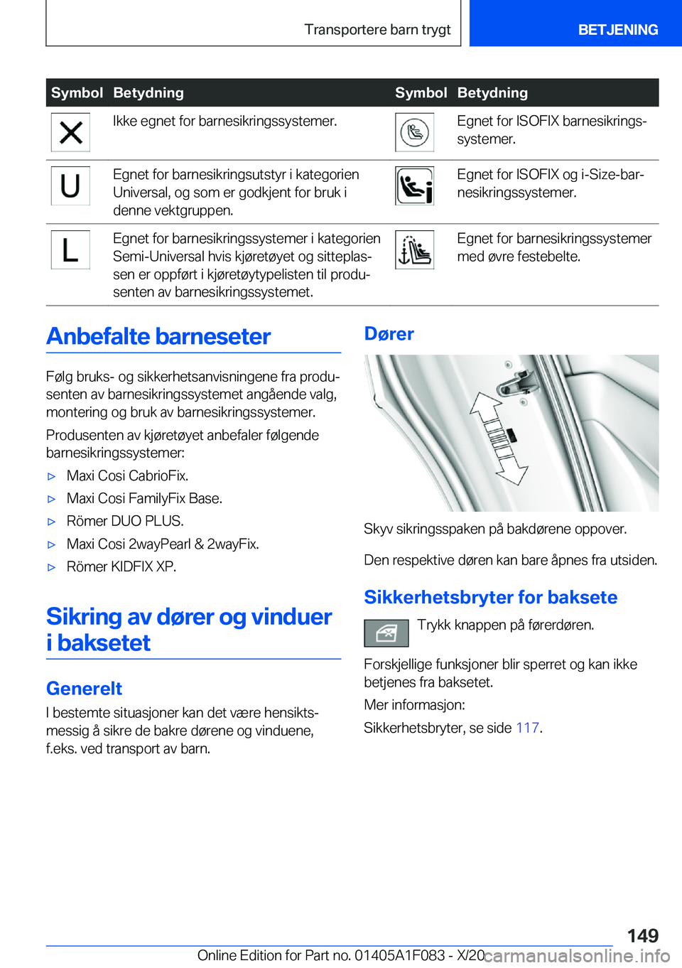 BMW X7 2021  InstruksjonsbØker (in Norwegian) �S�y�m�b�o�l�B�e�t�y�d�n�i�n�g�S�y�m�b�o�l�B�e�t�y�d�n�i�n�g�I�k�k�e��e�g�n�e�t��f�o�r��b�a�r�n�e�s�i�k�r�i�n�g�s�s�y�s�t�e�m�e�r�.�E�g�n�e�t��f�o�r��I�S�O�F�I�X��b�a�r�n�e�s�i�k�r�i�n�g�sj
�s�