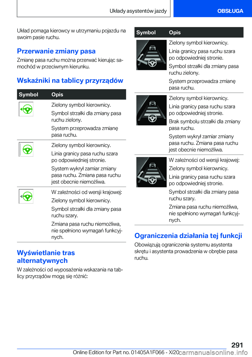 BMW X7 2021  Instrukcja obsługi (in Polish) �U�k�ł�a�d��p�o�m�a�g�a��k�i�e�r�o�w�c�y��w��u�t�r�z�y�m�a�n�i�u��p�o�j�a�z�d�u��n�a
�s�w�o�i�m��p�a�s�i�e��r�u�c�h�u�.
�P�r�z�e�r�w�a�n�i�e��z�m�i�a�n�y��p�a�s�a
�Z�m�i�a�n�