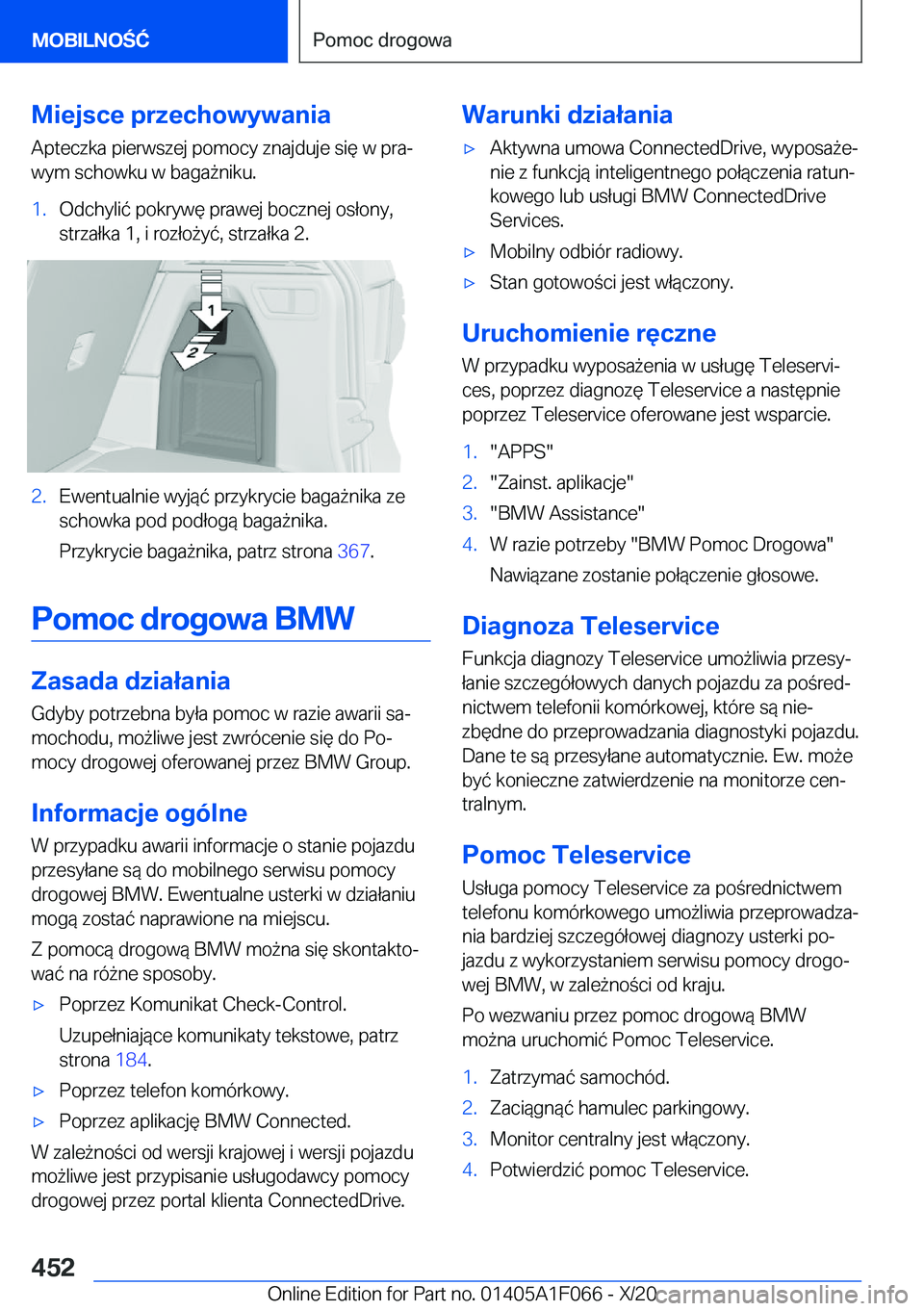BMW X7 2021  Instrukcja obsługi (in Polish) �M�i�e�j�s�c�e��p�r�z�e�c�h�o�w�y�w�a�n�i�a
�A�p�t�e�c�z�k�a��p�i�e�r�w�s�z�e�j��p�o�m�o�c�y��z�n�a�j�d�u�j�e��s�i�