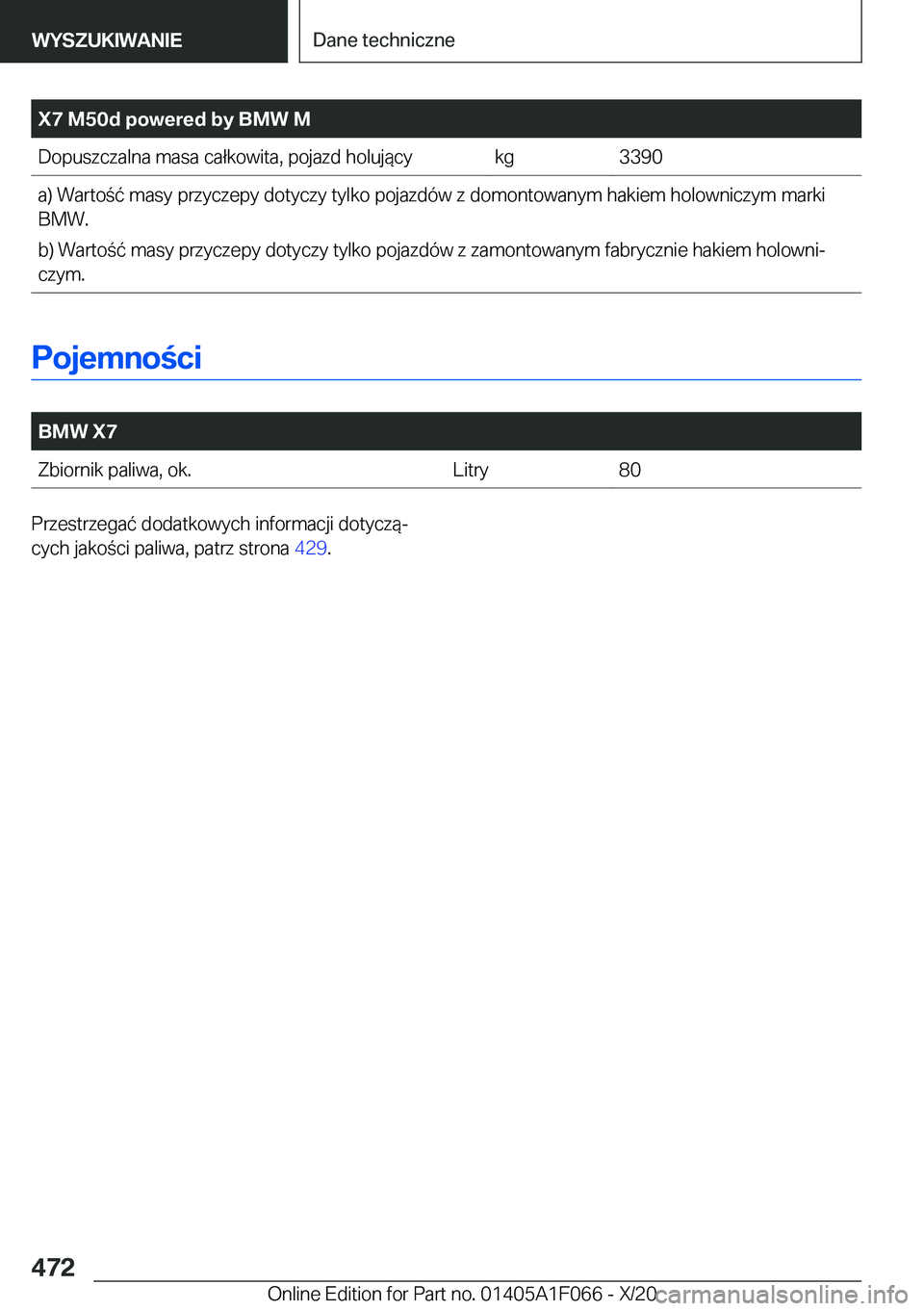BMW X7 2021  Instrukcja obsługi (in Polish) �X�7��M�5�0�d��p�o�w�e�r�e�d��b�y��B�M�W��M�D�o�p�u�s�z�c�z�a�l�n�a��m�a�s�a��c�a�ł�k�o�w�i�t�a�,��p�o�j�a�z�d��h�o�l�u�j�