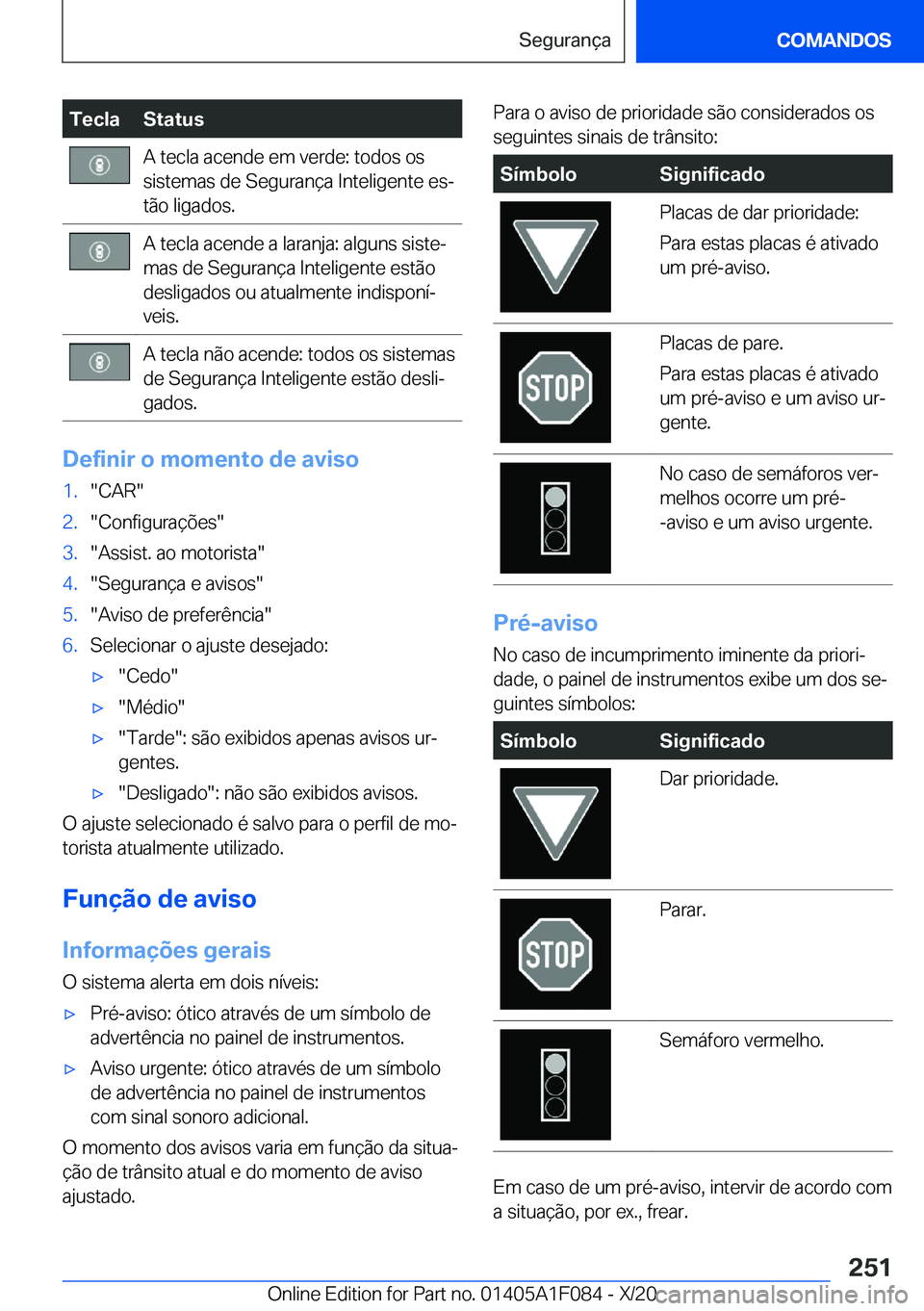 BMW X7 2021  Manual do condutor (in Portuguese) �T�e�c�l�a�S�t�a�t�u�s�A��t�e�c�l�a��a�c�e�n�d�e��e�m��v�e�r�d�e�:��t�o�d�o�s��o�s
�s�i�s�t�e�m�a�s��d�e��S�e�g�u�r�a�n�