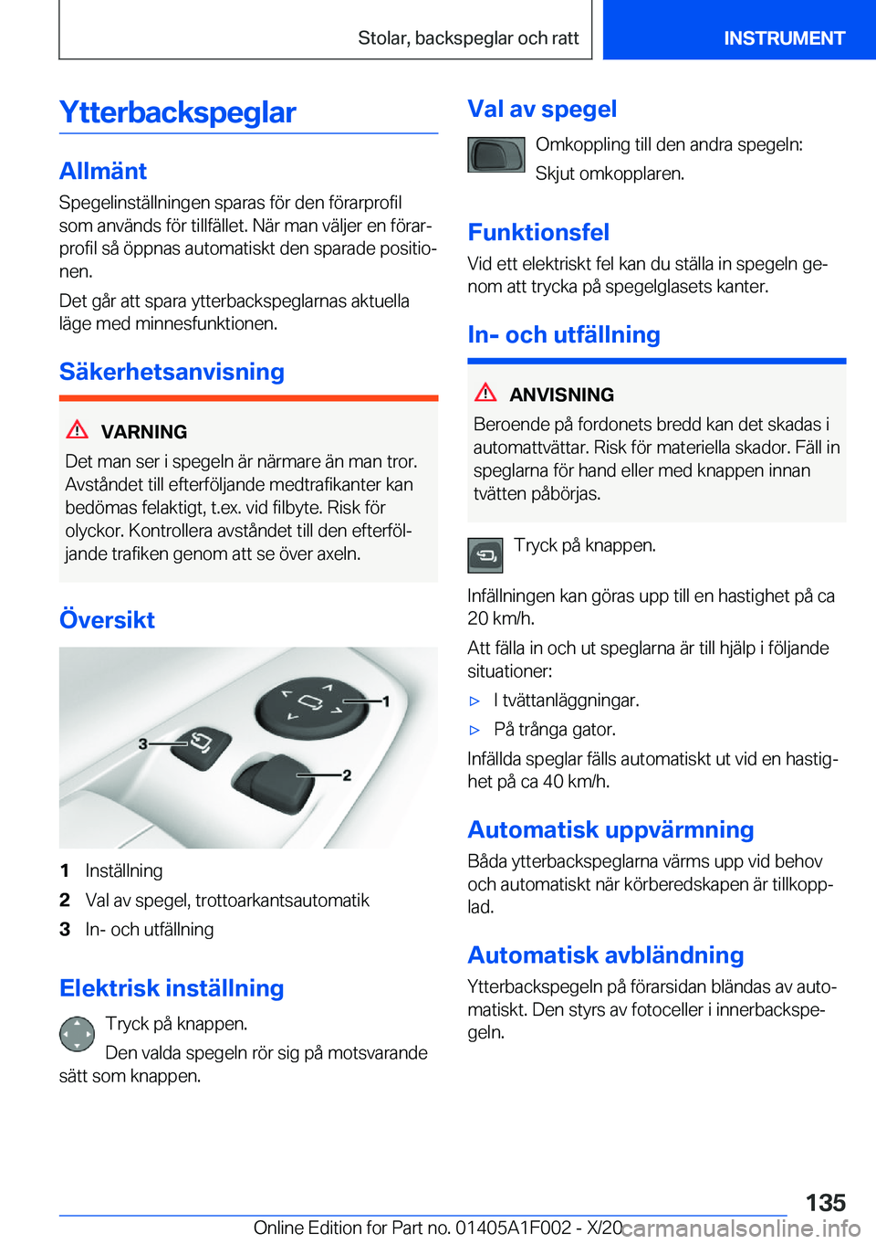 BMW X7 2021  InstruktionsbÖcker (in Swedish) �Y�t�t�e�r�b�a�c�k�s�p�e�g�l�a�r
�A�l�l�m�ä�n�t
�S�p�e�g�e�l�i�n�s�t�ä�l�l�n�i�n�g�e�n��s�p�a�r�a�s��f�