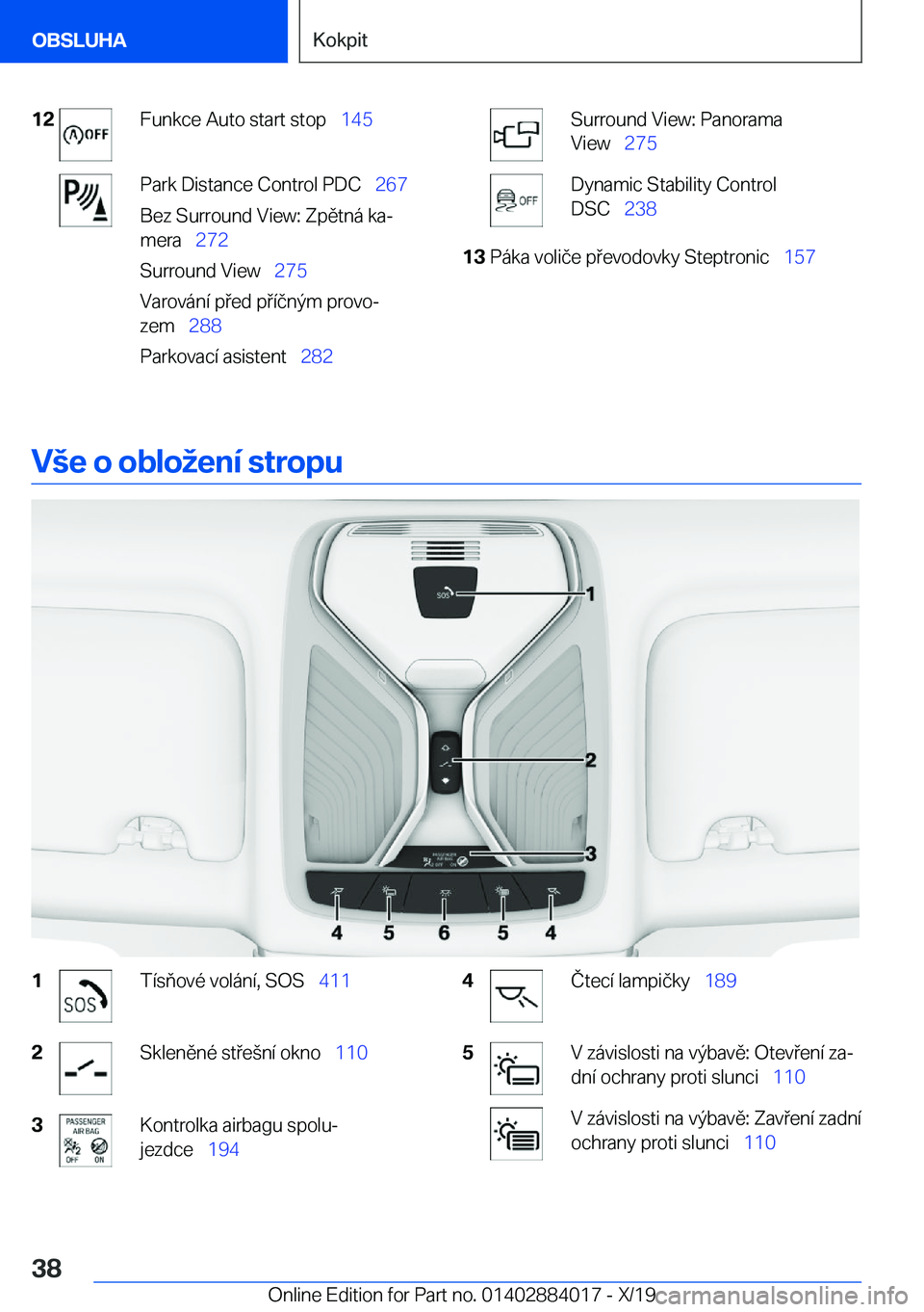 BMW X7 2020  Návod na použití (in Czech) �1�2�F�u�n�k�c�e��A�u�t�o��s�t�a�r�t��s�t�o�p\_�1�4�5�P�a�r�k��D�i�s�t�a�n�c�e��C�o�n�t�r�o�l��P�D�C\_ �2�6�7
�B�e�z��S�u�r�r�o�u�n�d��V�i�e�w�:��Z�p�