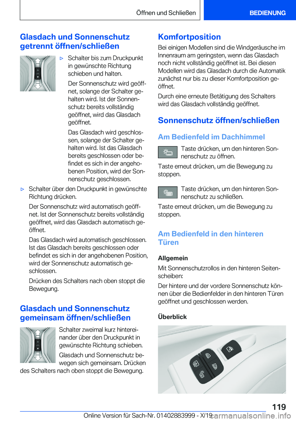 BMW X7 2020  Betriebsanleitungen (in German) �G�l�a�s�d�a�c�h��u�n�d��S�o�n�n�e�n�s�c�h�u�t�z
�g�e�t�r�e�n�n�t��
