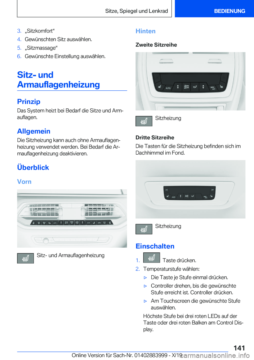 BMW X7 2020  Betriebsanleitungen (in German) �3�.x�S�i�t�z�k�o�m�f�o�r�tv�4�.�G�e�w�