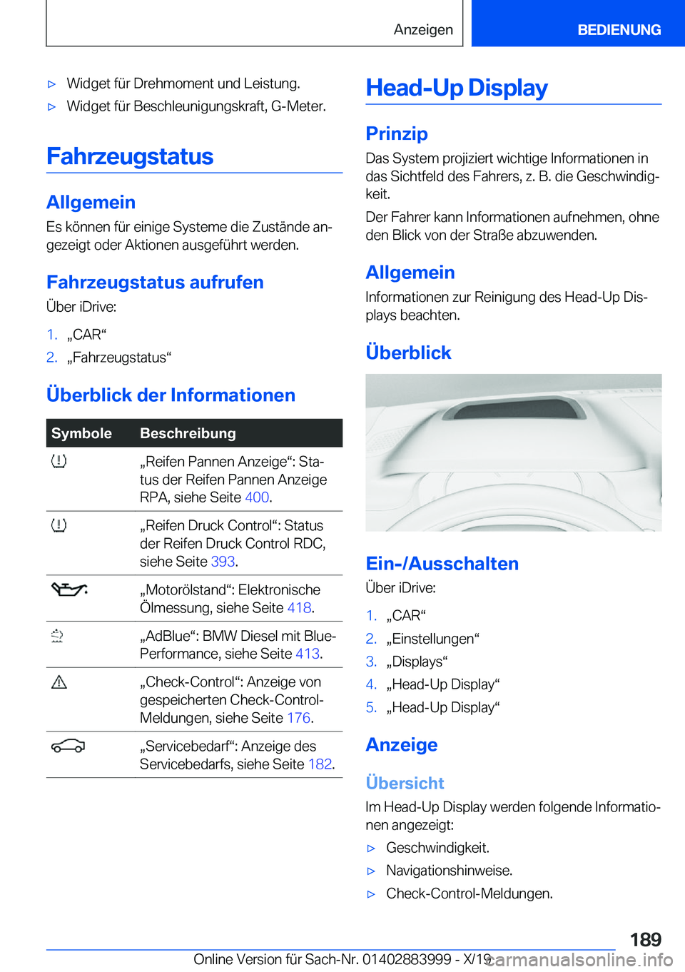 BMW X7 2020  Betriebsanleitungen (in German) x�W�i�d�g�e�t��f�