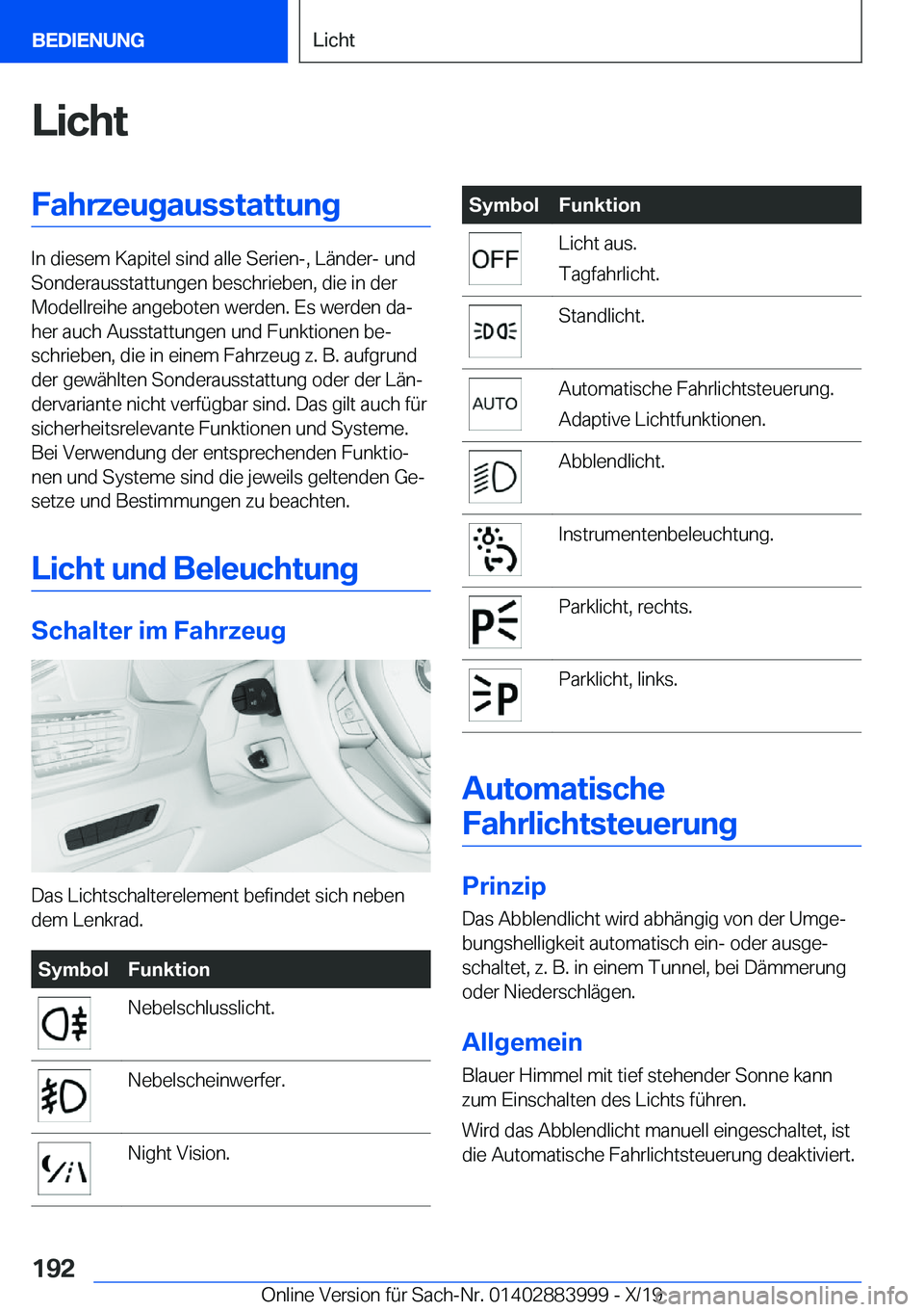 BMW X7 2020  Betriebsanleitungen (in German) �L�i�c�h�t�F�a�h�r�z�e�u�g�a�u�s�s�t�a�t�t�u�n�g
�I�n��d�i�e�s�e�m��K�a�p�i�t�e�l��s�i�n�d��a�l�l�e��S�e�r�i�e�n�-�,��L�