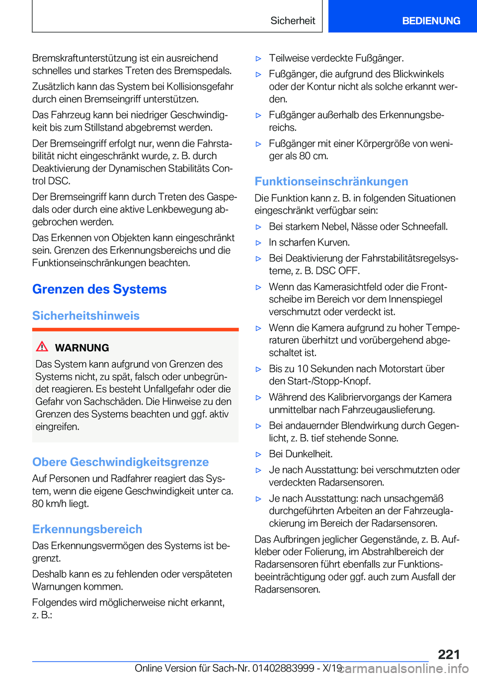 BMW X7 2020  Betriebsanleitungen (in German) �B�r�e�m�s�k�r�a�f�t�u�n�t�e�r�s�t�