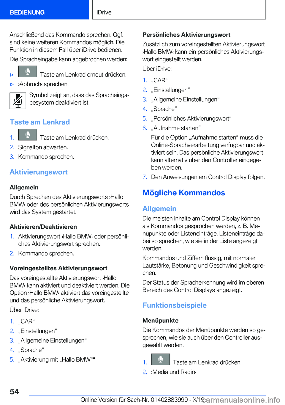 BMW X7 2020  Betriebsanleitungen (in German) �A�n�s�c�h�l�i�e�