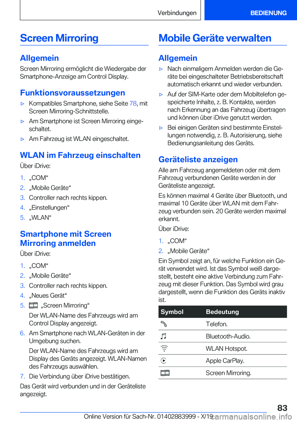 BMW X7 2020  Betriebsanleitungen (in German) �S�c�r�e�e�n��M�i�r�r�o�r�i�n�g
�A�l�l�g�e�m�e�i�n�S�c�r�e�e�n��M�i�r�r�o�r�i�n�g��e�r�m�