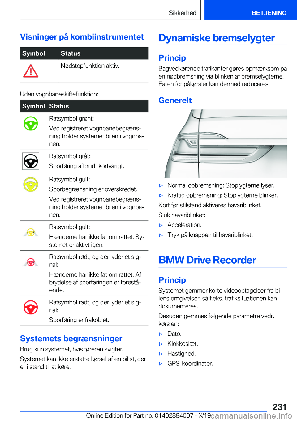 BMW X7 2020  InstruktionsbØger (in Danish) �V�i�s�n�i�n�g�e�r��p�å��k�o�m�b�i�i�n�s�t�r�u�m�e�n�t�e�t�S�y�m�b�o�l�S�t�a�t�u�s�N�