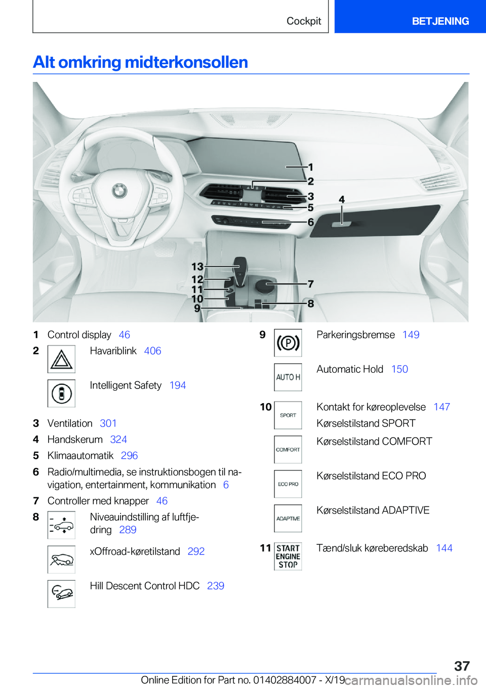 BMW X7 2020  InstruktionsbØger (in Danish) �A�l�t��o�m�k�r�i�n�g��m�i�d�t�e�r�k�o�n�s�o�l�l�e�n�1�C�o�n�t�r�o�l��d�i�s�p�l�a�y\_�4�6�2�H�a�v�a�r�i�b�l�i�n�k\_�4�0�6�I�n�t�e�l�l�i�g�e�n�t��S�a�f�e�t�y\_ �1�9�4�3�V�e�n�t�i�l�a�t�i�o�n