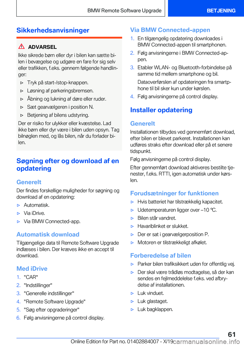 BMW X7 2020  InstruktionsbØger (in Danish) �S�i�k�k�e�r�h�e�d�s�a�n�v�i�s�n�i�n�g�e�r
�A�D�V�A�R�S�E�L
�I�k�k�e��s�i�k�r�e�d�e��b�