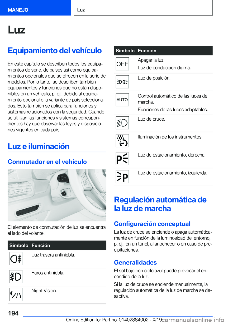 BMW X7 2020  Manuales de Empleo (in Spanish) �L�u�z�E�q�u�i�p�a�m�i�e�n�t�o��d�e�l��v�e�h�