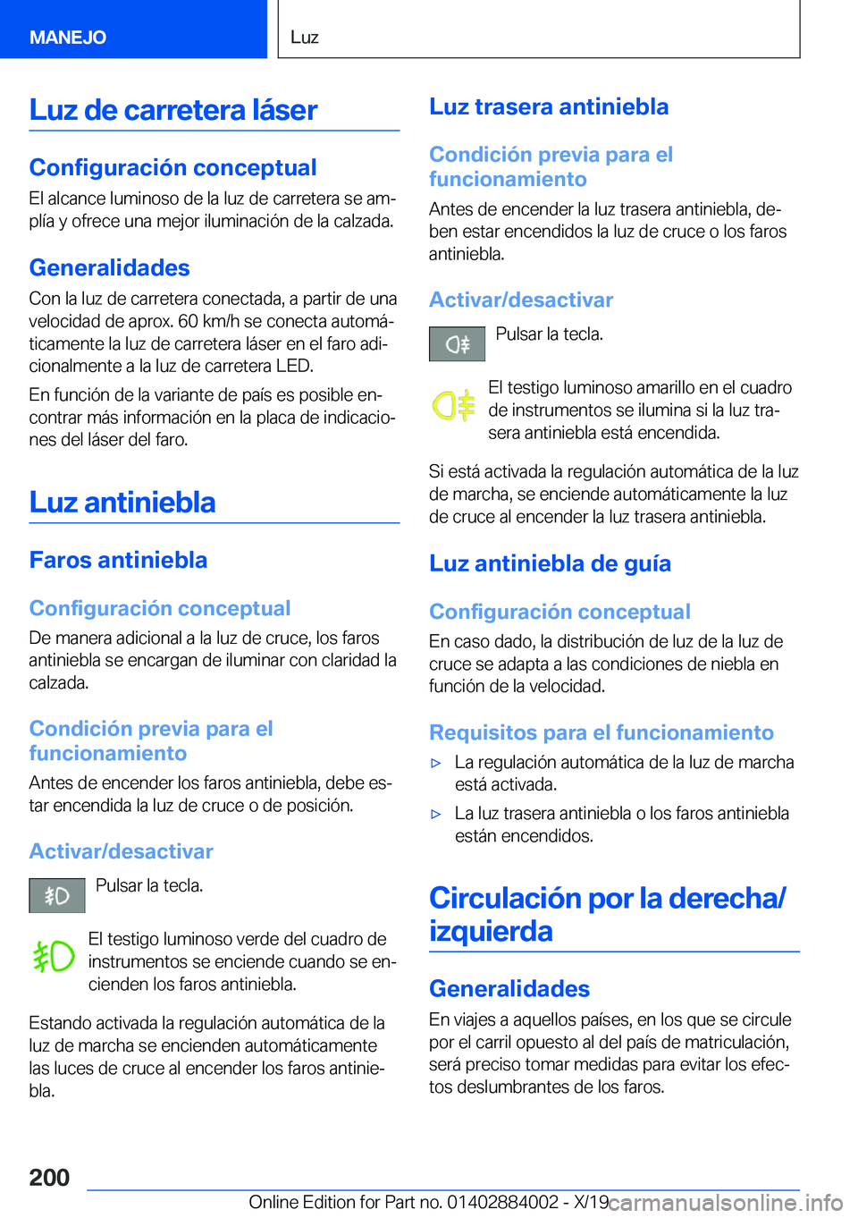 BMW X7 2020  Manuales de Empleo (in Spanish) �L�u�z��d�e��c�a�r�r�e�t�e�r�a��l�