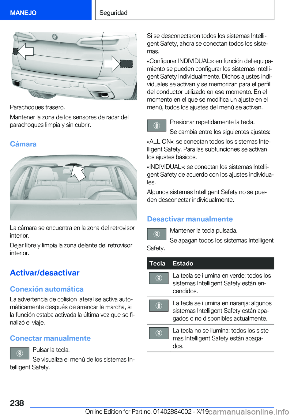 BMW X7 2020  Manuales de Empleo (in Spanish) �P�a�r�a�c�h�o�q�u�e�s��t�r�a�s�e�r�o�.
�M�a�n�t�e�n�e�r��l�a��z�o�n�a��d�e��l�o�s��s�e�n�s�o�r�e�s��d�e��r�a�d�a�r��d�e�l
�p�a�r�a�c�h�o�q�u�e�s��l�i�m�p�i�a��y��s�i�n��c�u�b�r�i�r�.
�C�