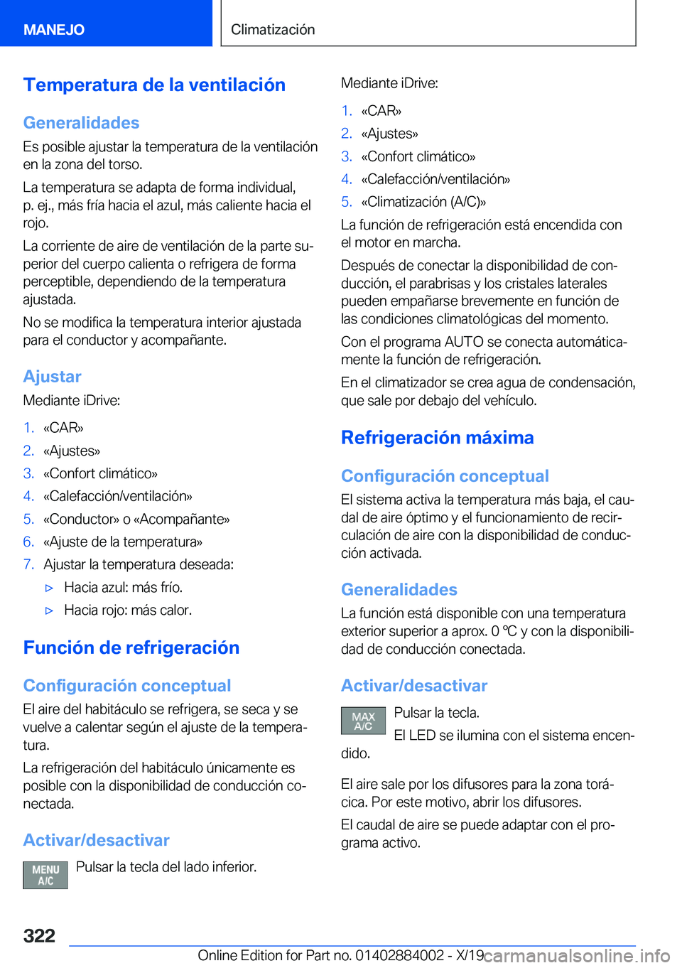 BMW X7 2020  Manuales de Empleo (in Spanish) �T�e�m�p�e�r�a�t�u�r�a��d�e��l�a��v�e�n�t�i�l�a�c�i�