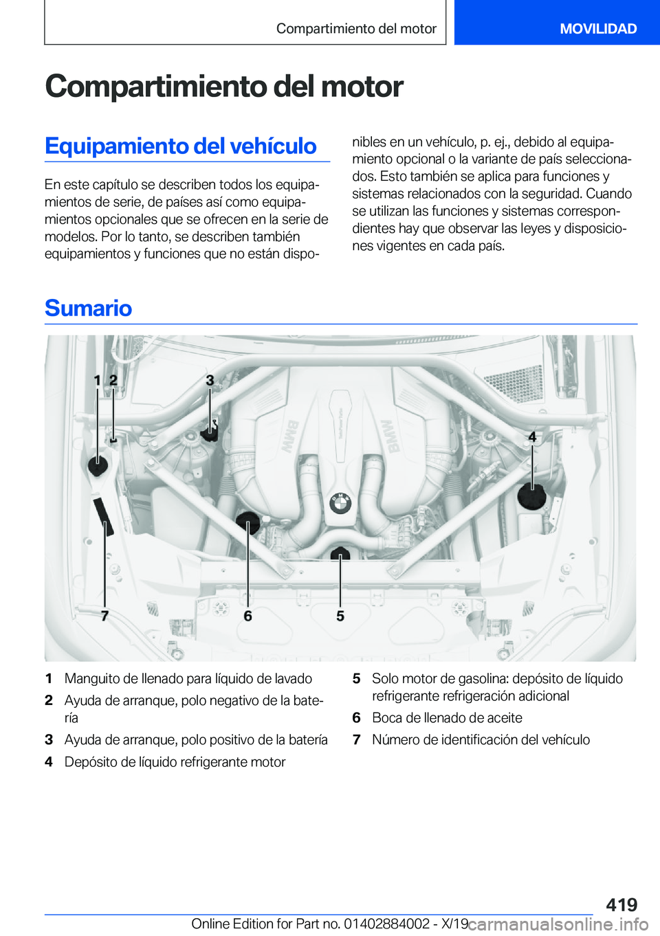 BMW X7 2020  Manuales de Empleo (in Spanish) �C�o�m�p�a�r�t�i�m�i�e�n�t�o��d�e�l��m�o�t�o�r�E�q�u�i�p�a�m�i�e�n�t�o��d�e�l��v�e�h�